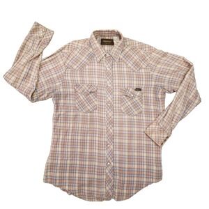 Roebucks Vintage Beige Long Sleeve Pearl Snap Shirt Mens Large Sears Western